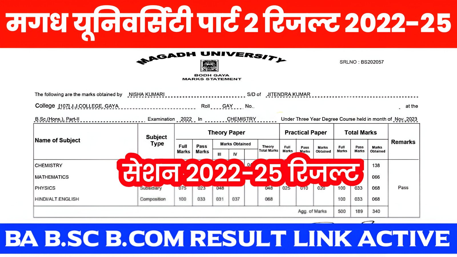 Magadh University BA B.Sc B.Com Part 2 Result 2022-25